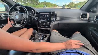 messy handjob with huge cumshot while driving