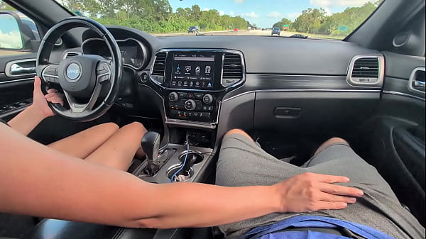 messy handjob with huge cumshot while driving