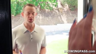 Blonde teen gives random visitor blowjob