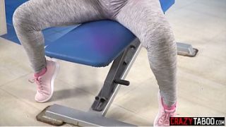 Big tits teen needs a help while workout and she gave a friend blowjob