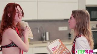 European teen stepsister and BFF both in uniform fuck her stepbro